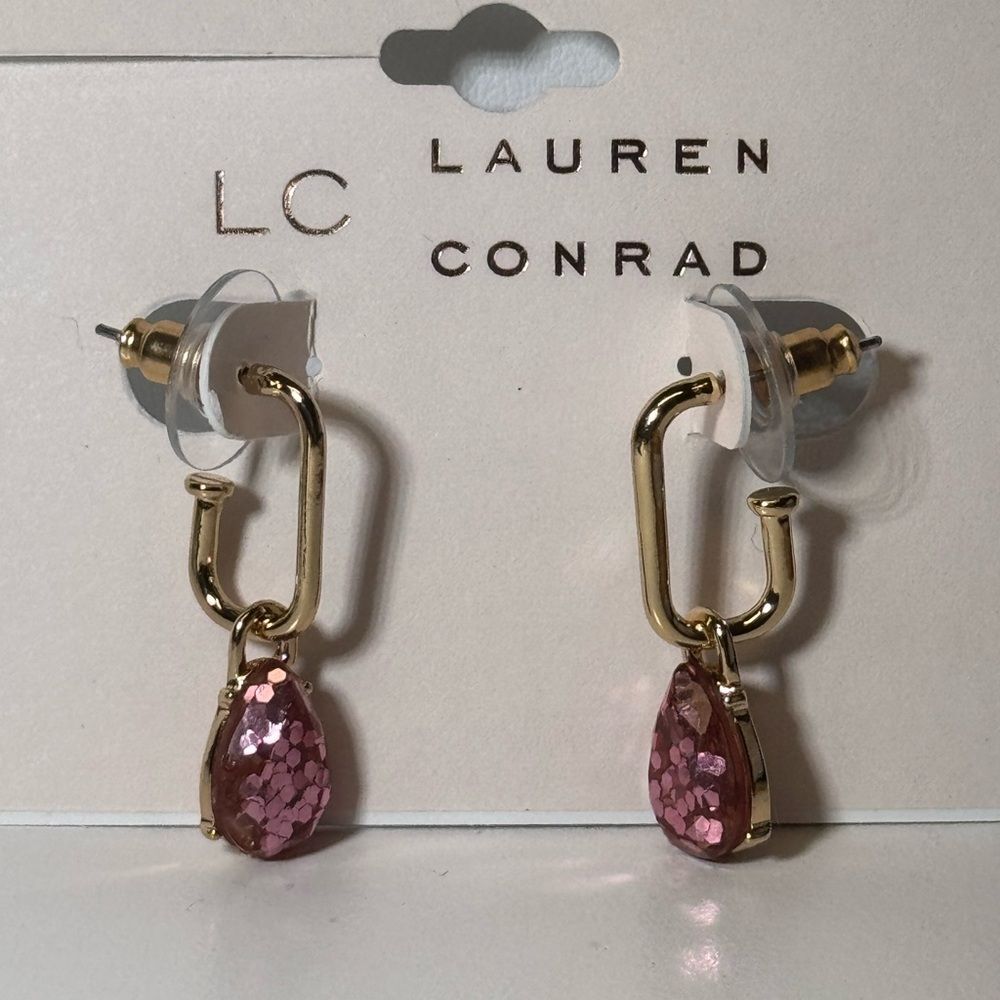 LC Lauren Conrad Gold Earrings with Pink Sparkly Teardrops 1.25 Inch